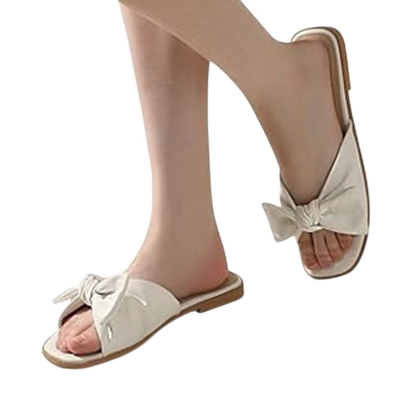 Ankis Womens Size 11 White Faux Leather Bow Flat Slip On Open Toe Sandal Shoes