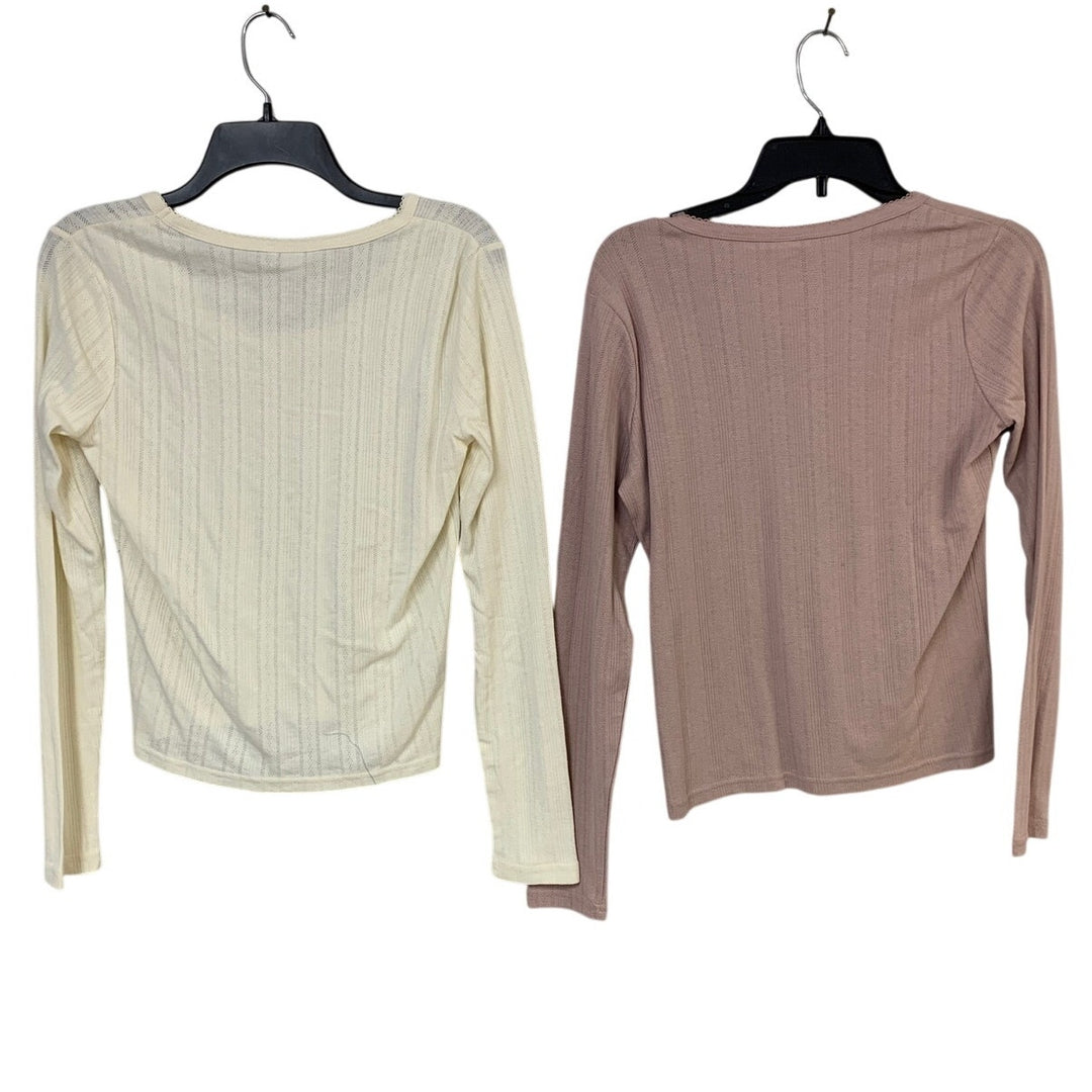 2 New Eddie Bauer Womens Large Perfect Pointelle Long Sleeve Tee Shirts