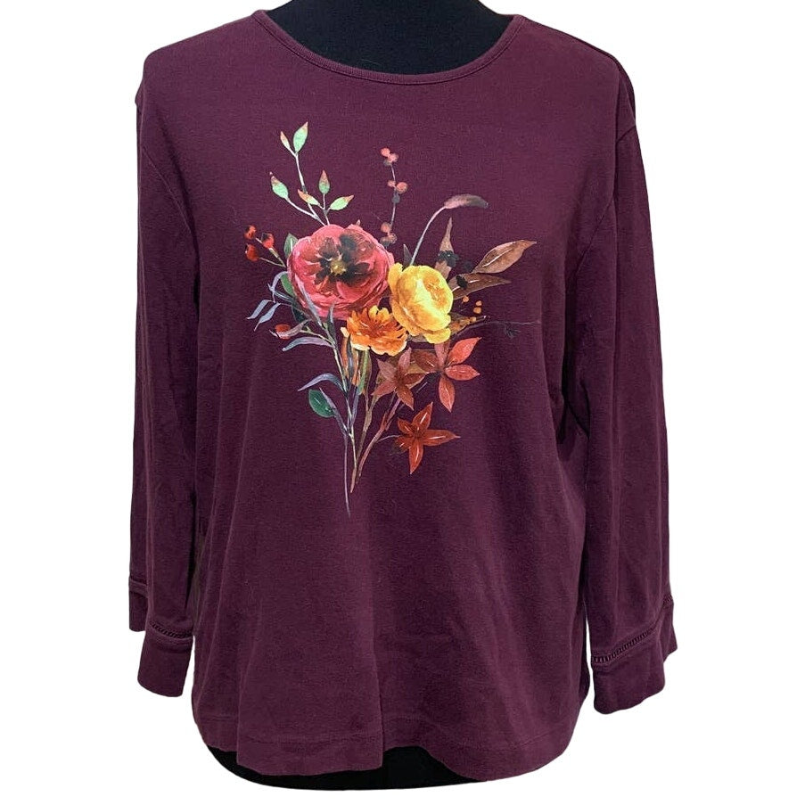 Hand Printed Upcycled XL Watercolor Autumn Flower Peony Berry Bouquet Cotton Tee