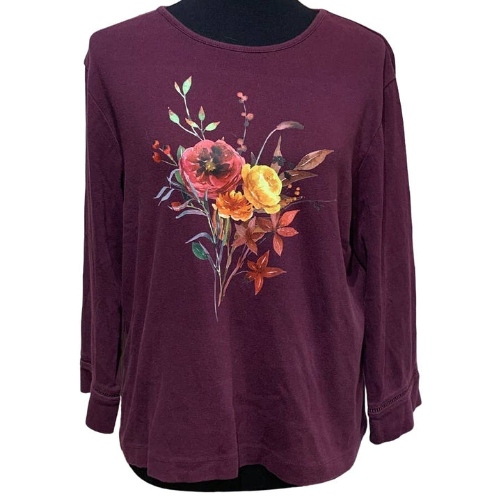 Hand Printed Upcycled XL Watercolor Autumn Flower Peony Berry Bouquet Cotton Tee