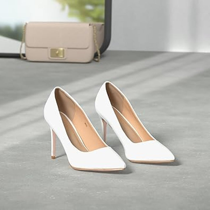 Idifu Womens 7 White 4" Stiletto Heel Pumps Slide On Closed Pointed Toe Shoes