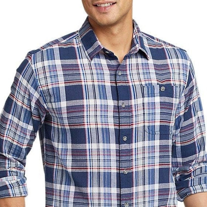 New Eddie Bauer Mens Small Blue Red Plaid Breezeway Long Sleeve Button Up Shirt