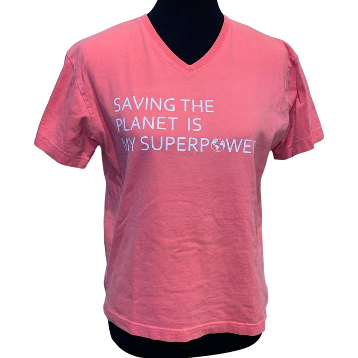 Hand Printed Upcycled Medium Saving the Planet is My Superpower Short Sleeve Tee
