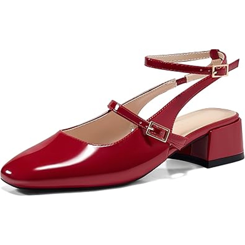 New Coutgo Womens Size 7.5 Shiny Red Mary Jane Chunky Low 1.5" Heels Shoes