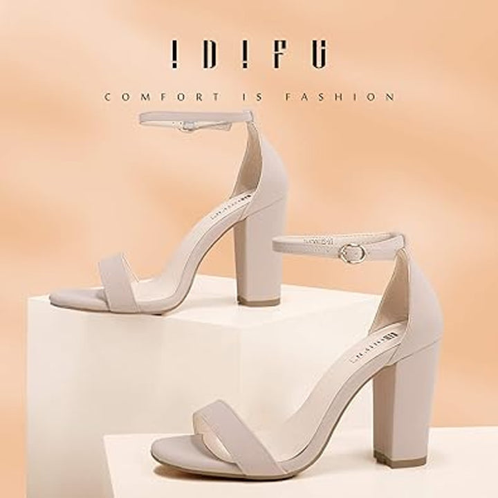Idifu Womens Size 9 Nude Tan Open Toe Ankle Strap 3" Chunky Heel Sandal Shoes
