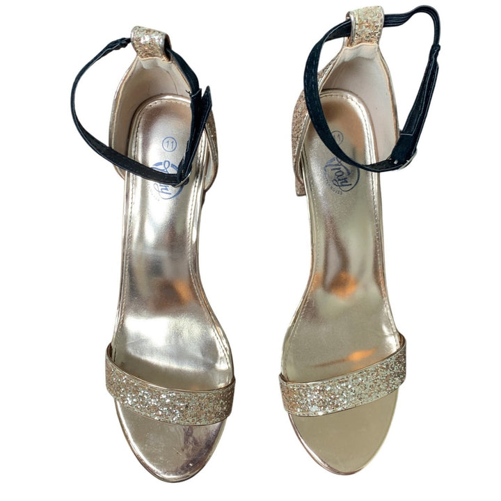 Trary Women Size 11 Rose Gold Glitter Ankle Strap 3.5" Block Heel Open Toe Shoes