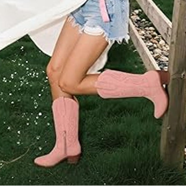 Womens Size 6 Pink Pointed Toe 2" Block Heel Pull On Embroidered Cowboy Boots