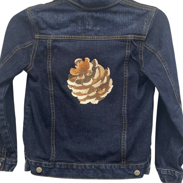 Hand Printed Upcycled Girls Medium Snap Front Wood Pine Cone on Back Jean Jacket