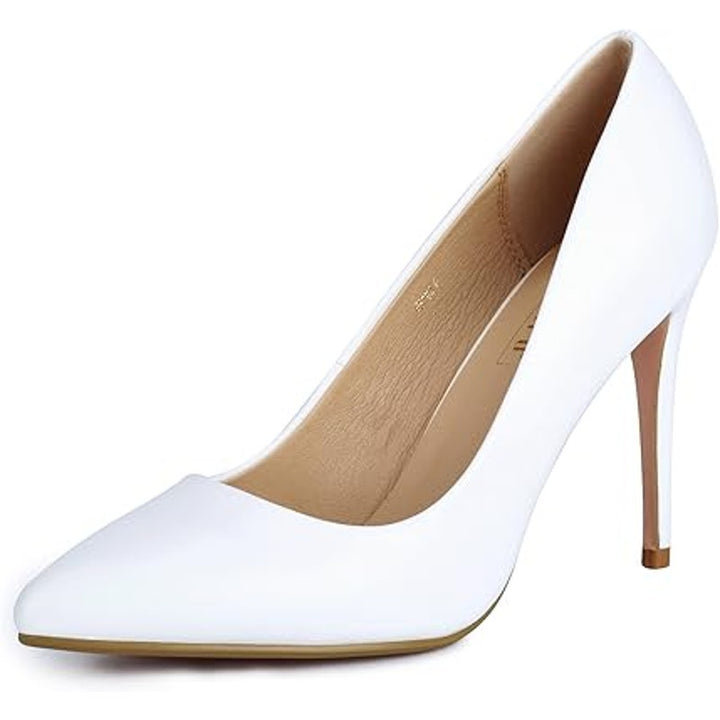 Idifu Womens 7 White 4" Stiletto Heel Pumps Slide On Closed Pointed Toe Shoes