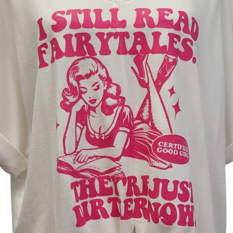 Hand Printed Upcycled Womens Medium I Still Read Dirty Fairtales Good Girl Top