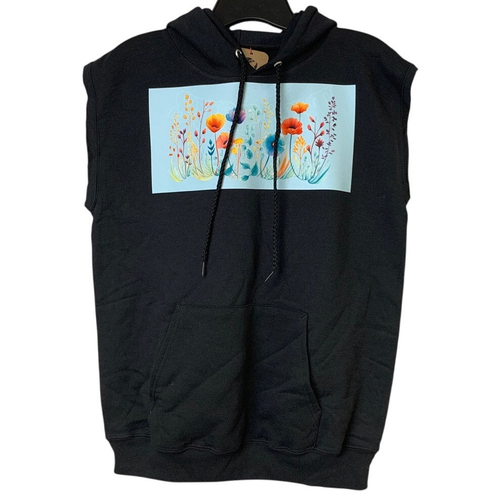 New Hand Printed Mens Small Black Floral Cutoff Sleeveless Sweatshirt Hoodie