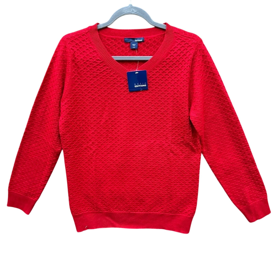 NWT New Basic Editions Womens Medium Red Metallic Long Sleeve Knit Sweater