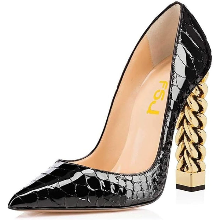 FSJ Womens Size 11 Black Croc Texture Gold Metal Chain Chunky 5" Heels Pumps