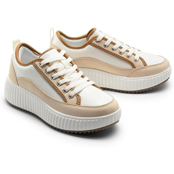 Dream Pairs Women Size 7.5 White Tan Faux Leather Lace Up Platform Sneaker Shoes