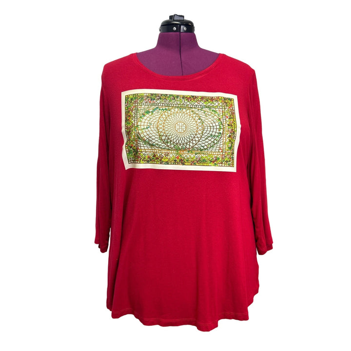 Hand Printed Upcycled Womens 3X Vintage Sunroom Ceiling Floral Long Sleeve Tee
