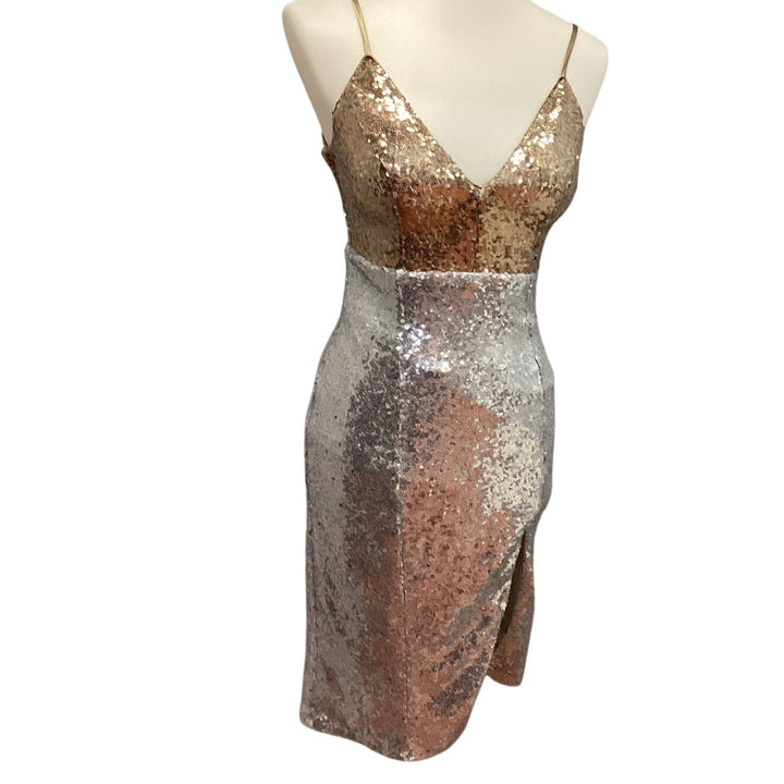 New Speechless Juniors Size 1 Gold Silver Sleeveless Deep V Body Con Midi Dress