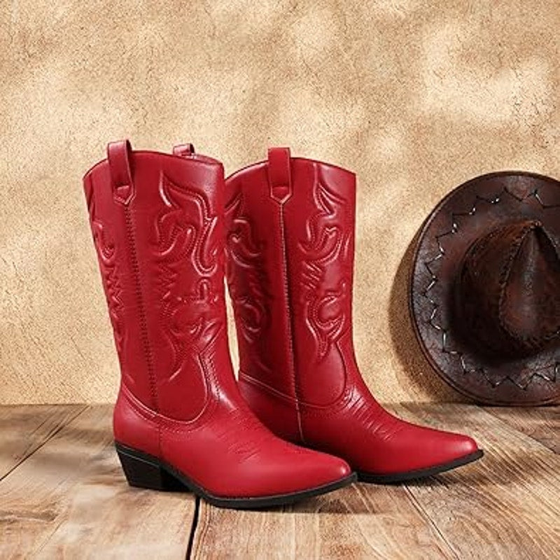 Dream Pairs Womens 8 Red Faux Leather 2" Heel Pull On Western Cowboy Boot Shoes