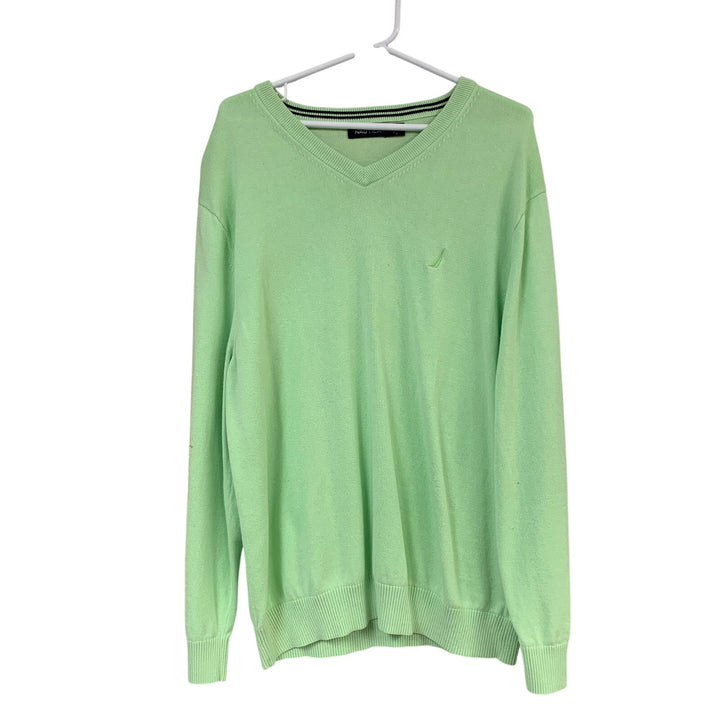 Lot of 2 Nautica Mens XL Green Pink PolyCotton Long Sleeve V Neck Knit Sweaters