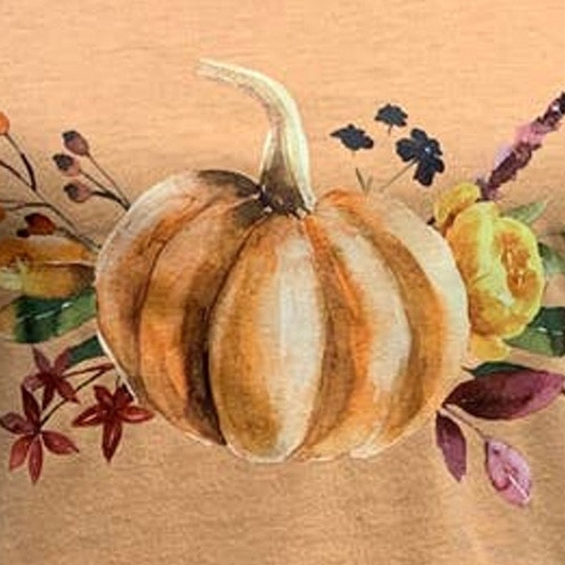 New Hand Printed Medium Pumpkin Autumn Fall Flower Cotton Blend Short Sleeve Tee