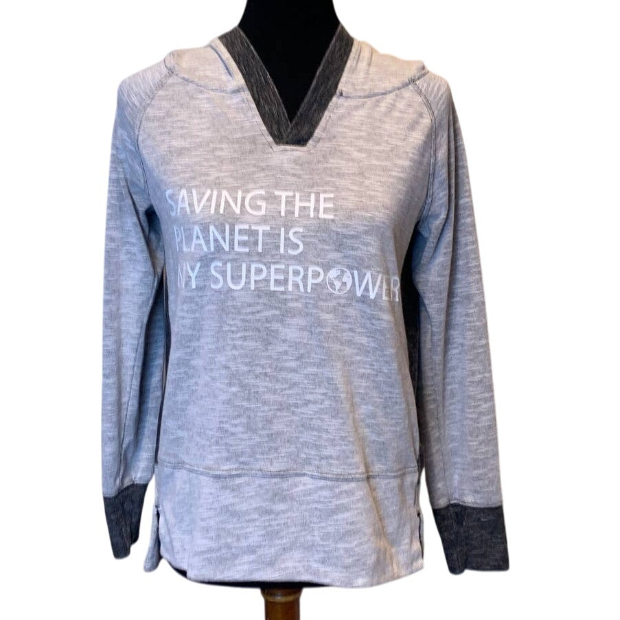 Hand Printed Upcycled Womens Small Saving the Planet Superpower Hoodie