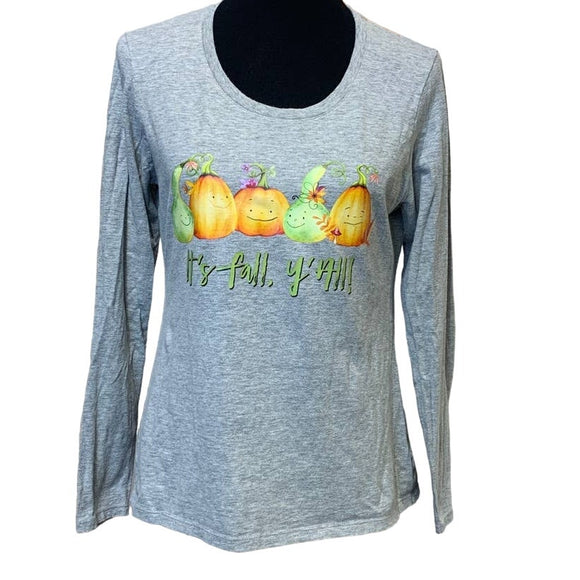 Hand Printed Upcycled Medium It's Fall Y'All Pumpkin Gourd Long Sleeve Tee