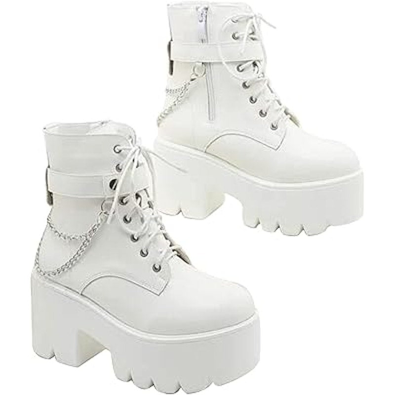 Cynllio Womens 8 White Faux Leather 3.5" Block Heel Platform Combat Ankle Boots