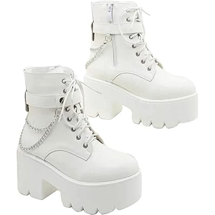 Cynllio Womens 8 White Faux Leather 3.5" Block Heel Platform Combat Ankle Boots