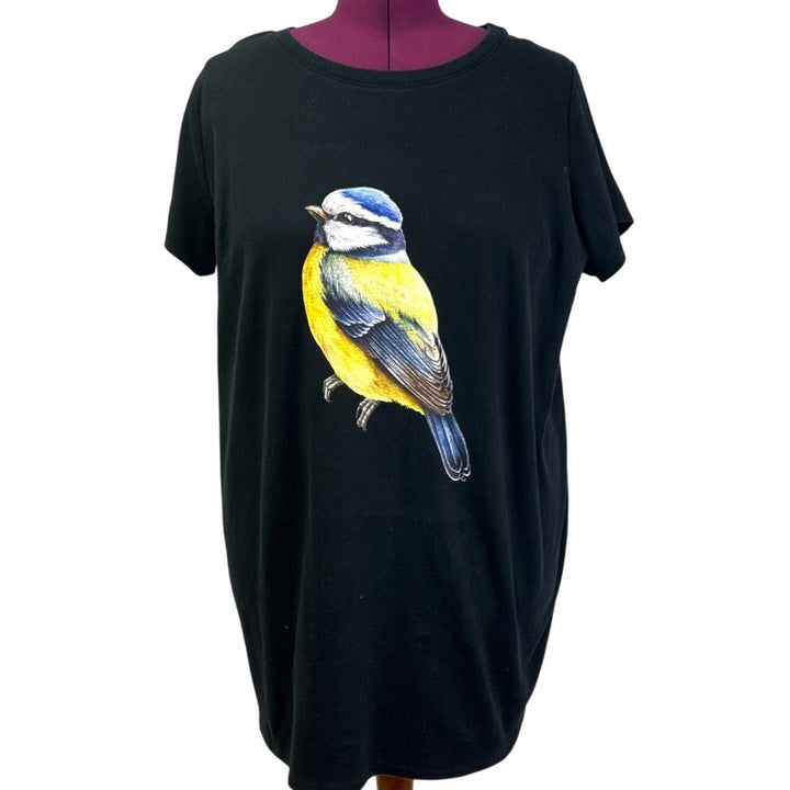 Hand Printed Womens Long 3X Yellow Blue Wild Bird 100% Cotton Crew Neck Tee