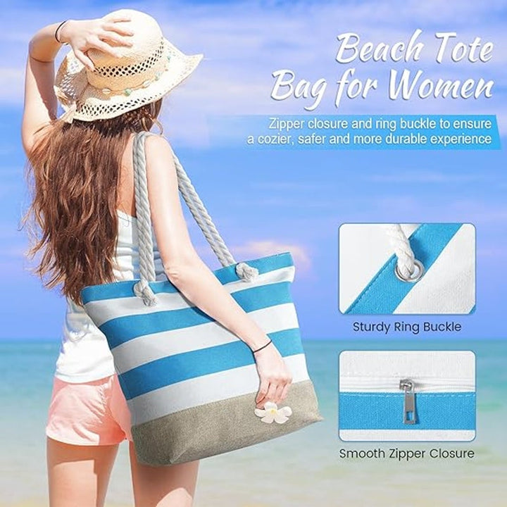 New Tavaleu Blue White Stripe Polyester Canvas Rope Handle Zip Shut Tote Bag