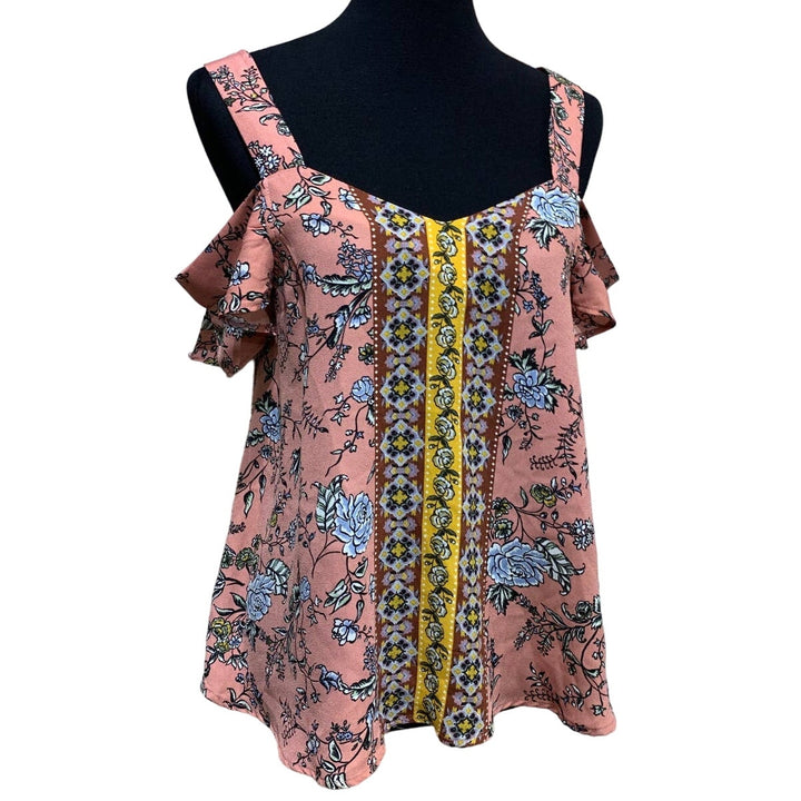 Aine Be Womens Medium Ruffled Cold Shoulder Floral Boho Polyester Blouse Top