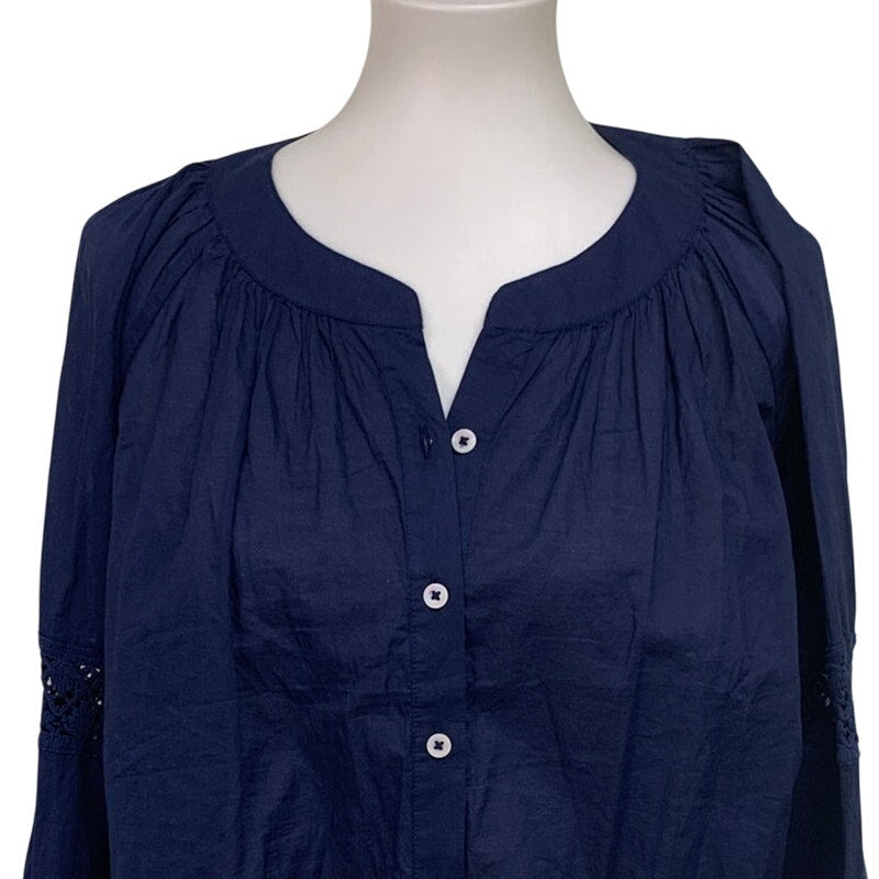 New Aerie Womens Small Navy Blue Long Sleeve Flowy Crochet Button Down Shirt