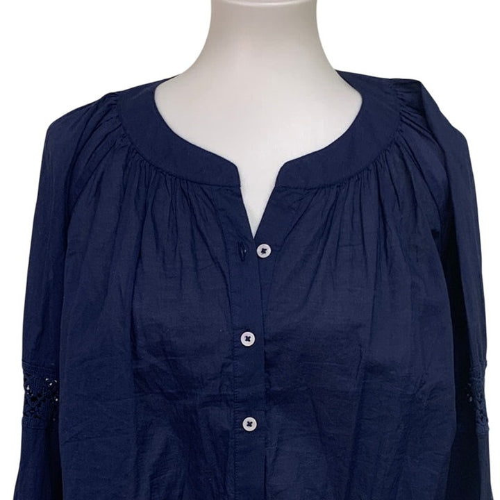 New Aerie Womens Small Navy Blue Long Sleeve Flowy Crochet Button Down Shirt