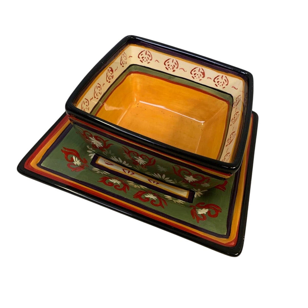 Real Kitchen Folk Art Inspired Square Ceramic Bowl w Matching Plate Saucer