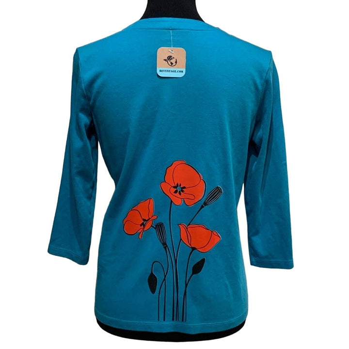 Hand Printed Upcycled Womens Small Red Poppy Flower Supima Cotton V-Neck Tee