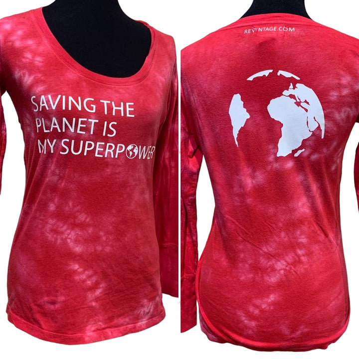 Hand Printed Upcycled Juniors Medium Saving the Planet is My Superpower Tee
