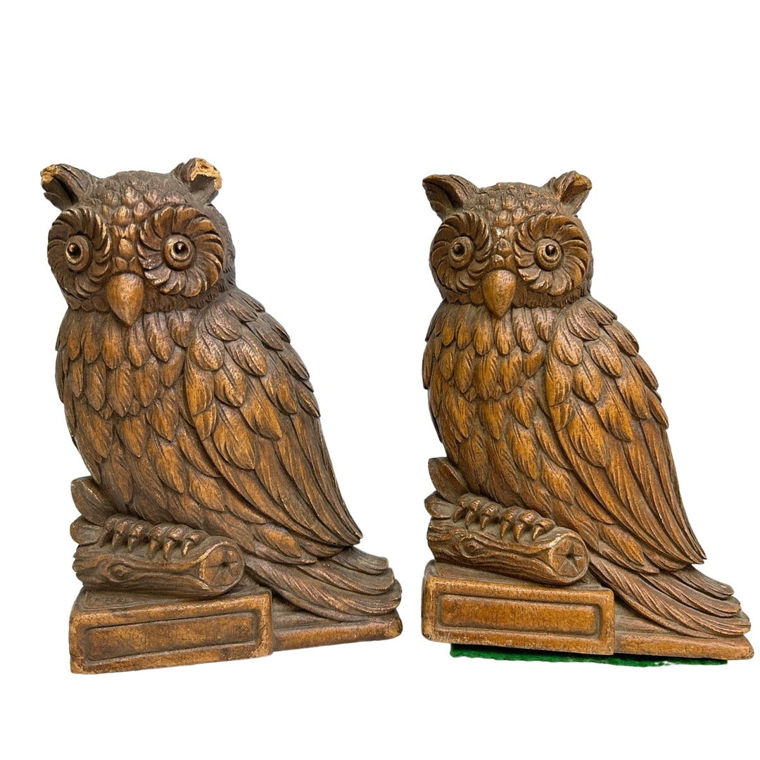 Vintage Carved Wooden Owl on Tree Branch Bookends w Chipped Ear Crack