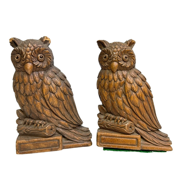 Vintage Carved Wooden Owl on Tree Branch Bookends w Chipped Ear Crack