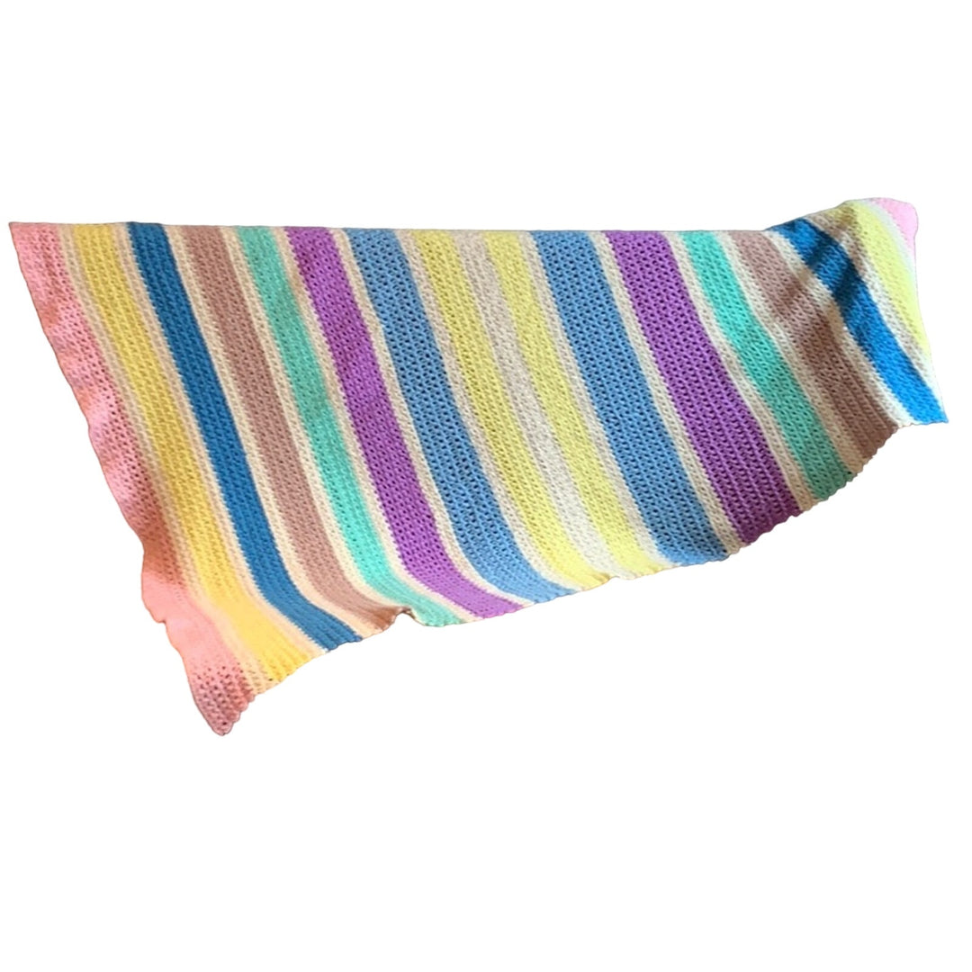 Handmade Pastel Stripe Yellow Purple Blue Crocheted Afghan Throw Blanket