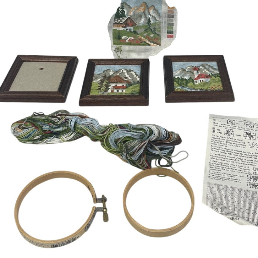 Vintage Counted Cross Stitch Unmade Mountain Houses Craft Kit w Instructions