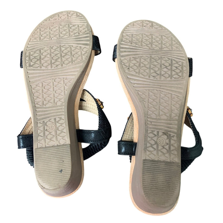 Shibever Womens 8.5 Black Tan Beaded OpenToe 2" Wedge Elastic Strap Sandal Shoes