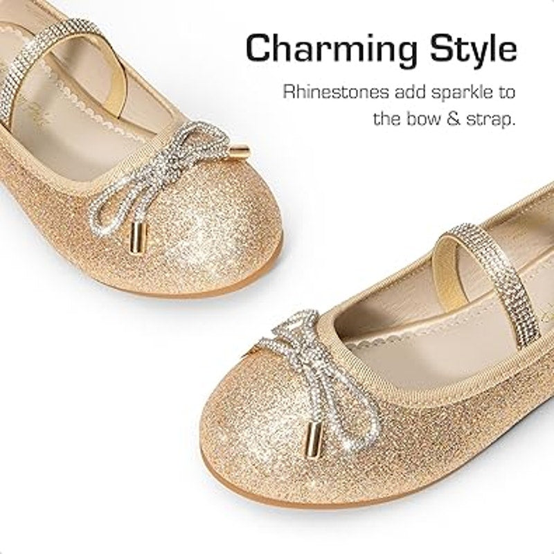 Dream Pairs Big Girls Size 5 Gold Glitter Rhinestone Bow Slip On Ballet Flats