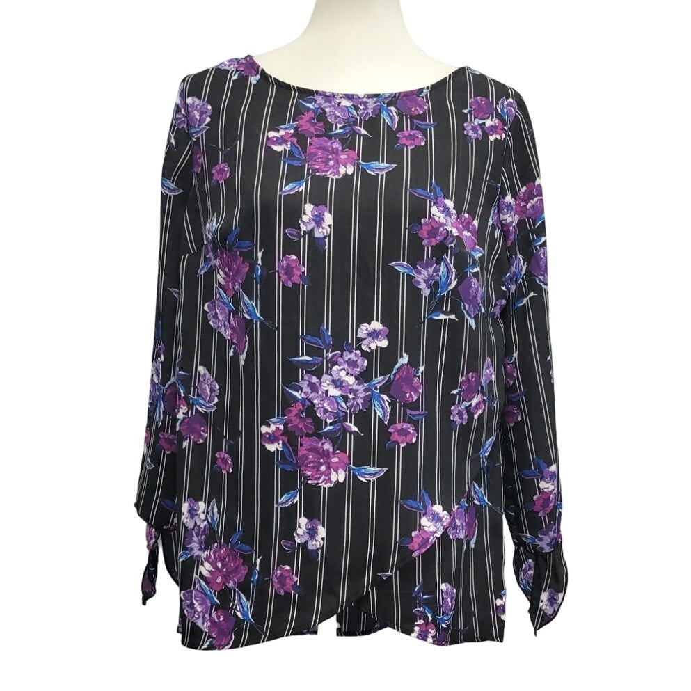Apt 9 Womens Medium 100% Polyester Long Sleeve Floral Pin Striped Blouse