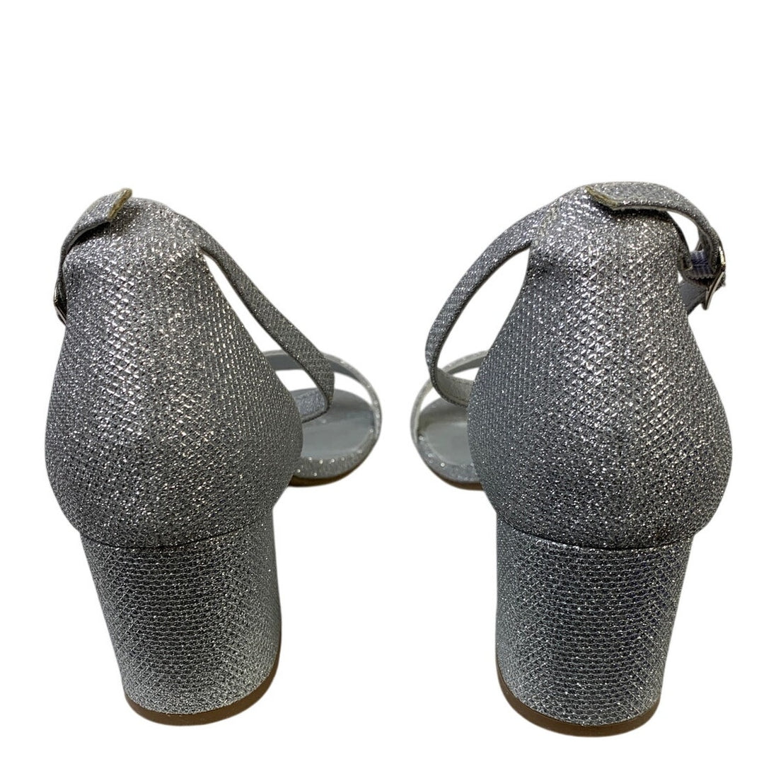 Womens Size 9 Silver Glitter 2.5" Chunky Heel Open Round Toe Ankle Strap Shoes