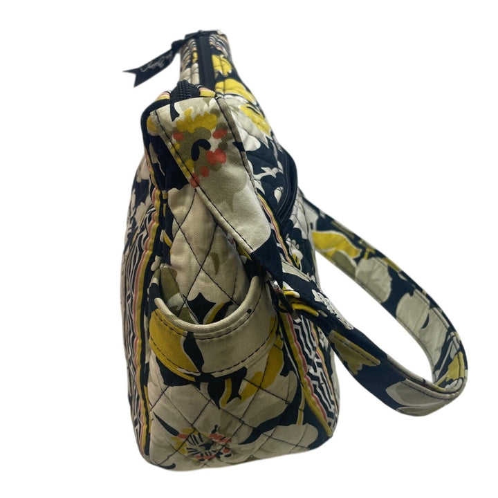 Vera Bradley Black Tan Yellow Magnolia Flower Adjustable Strap Center Zip Purse