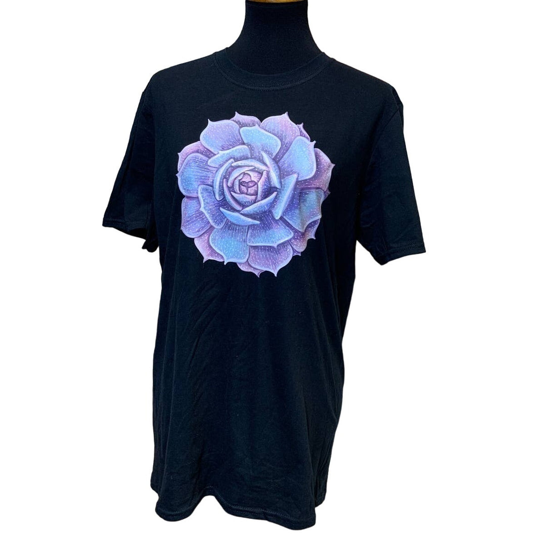 Hand Printed Upcycled Women Medium Purple Blue Succulent Cactus Short Sleeve Tee