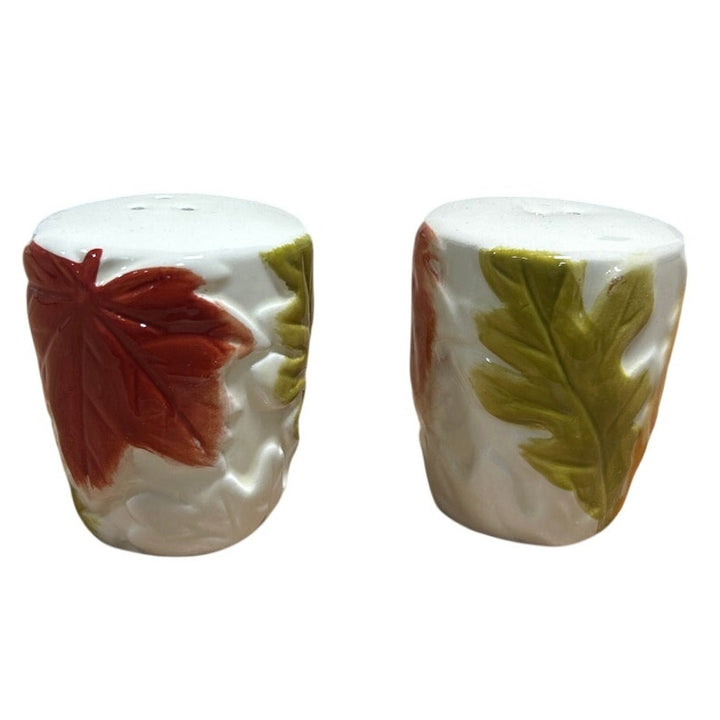 Vintage Red Green Gold Yellow Fall Leaf White Ceramic Salt &amp; Pepper Shaker Set