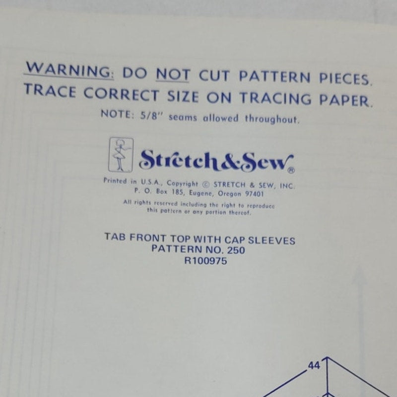 1974 Stretch &amp; Sew 250 Tab-Front Cap-Sleeve Top Sewing Pattern, Complete &amp; Uncut