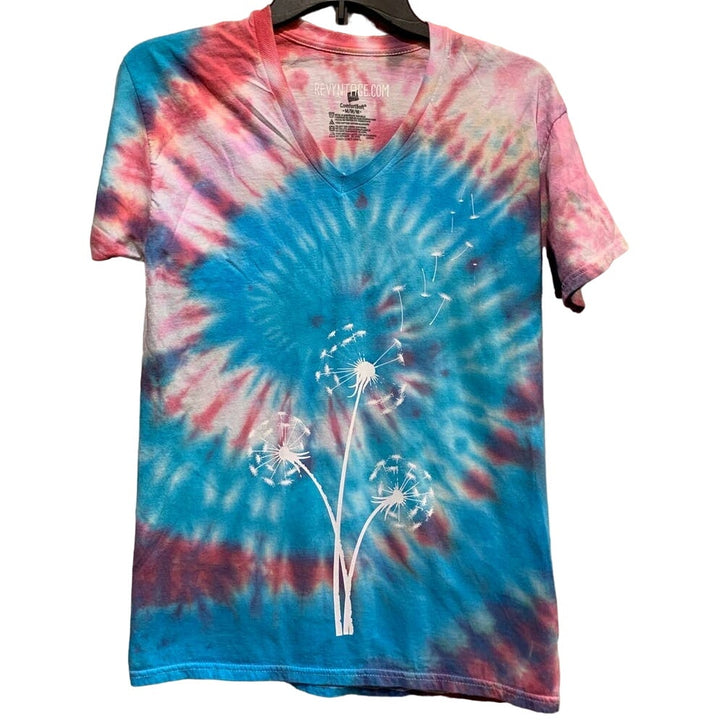 Hand Printed Small/Medium Upcycled Dandelion V-Neck Tie Dyed 100% Cotton Tee