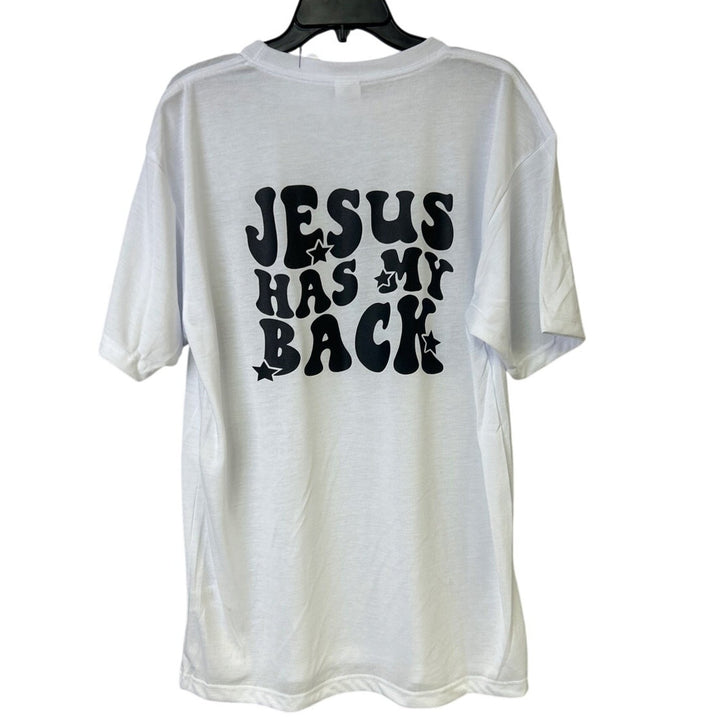 New Hand Printed Mens 2XL White Jesus Has My Back Short Sleeve Tee Shirt
