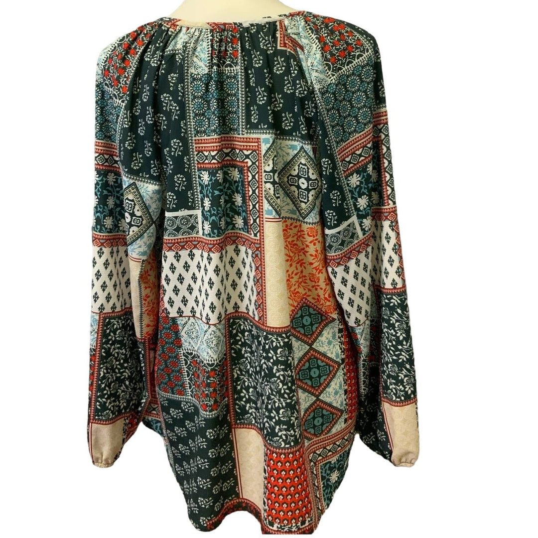 Womens Large V Neck Elastic Wrist Long Sleeve Boho Patchwork Lightweight Blouse